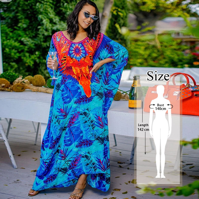 CHICDEAR Plus Size Multicolored Loose Dress Cotton Tunic Women Large Size Beach Wear Kaftan Bohemian Printed Loose Beach Dresses Q1084