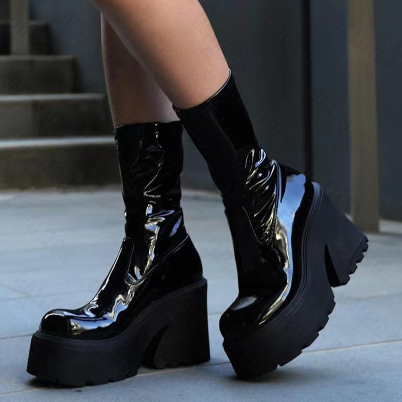 CHICDEAR Chelsea Boots Winter Women Ankle Knee High Heels Boots 2023 New Casual Motorcycle High Boots Chunky Goth Shoes Gladiator Pumps