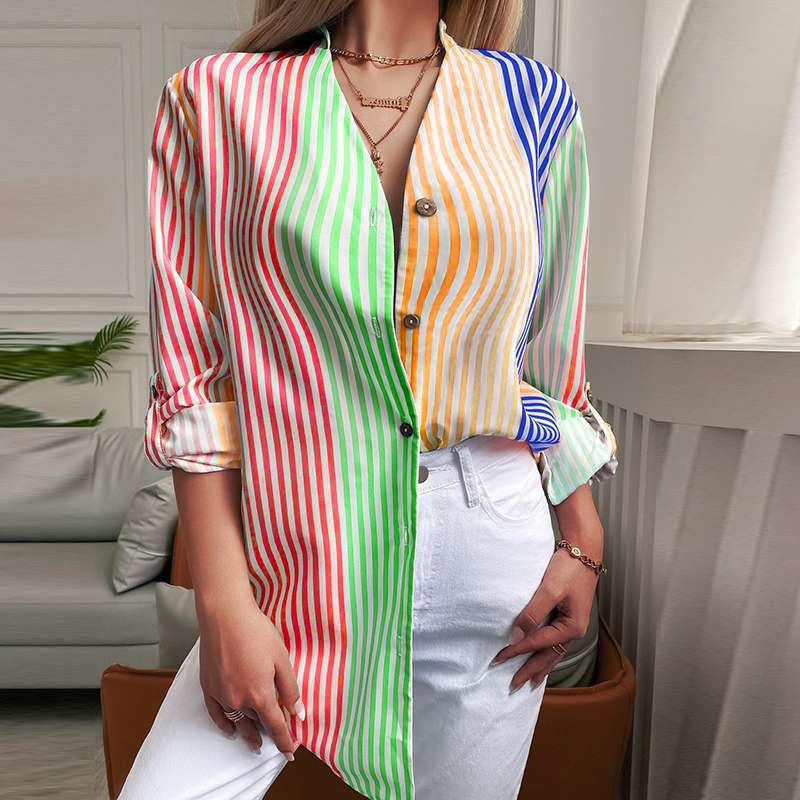 CHICDEAR Colorful Holiday Blouse Fashion Long Sleeve Women Stripe Blusas Beach Stand Collar Bohemian Lady Tops Buttons Long Shirts