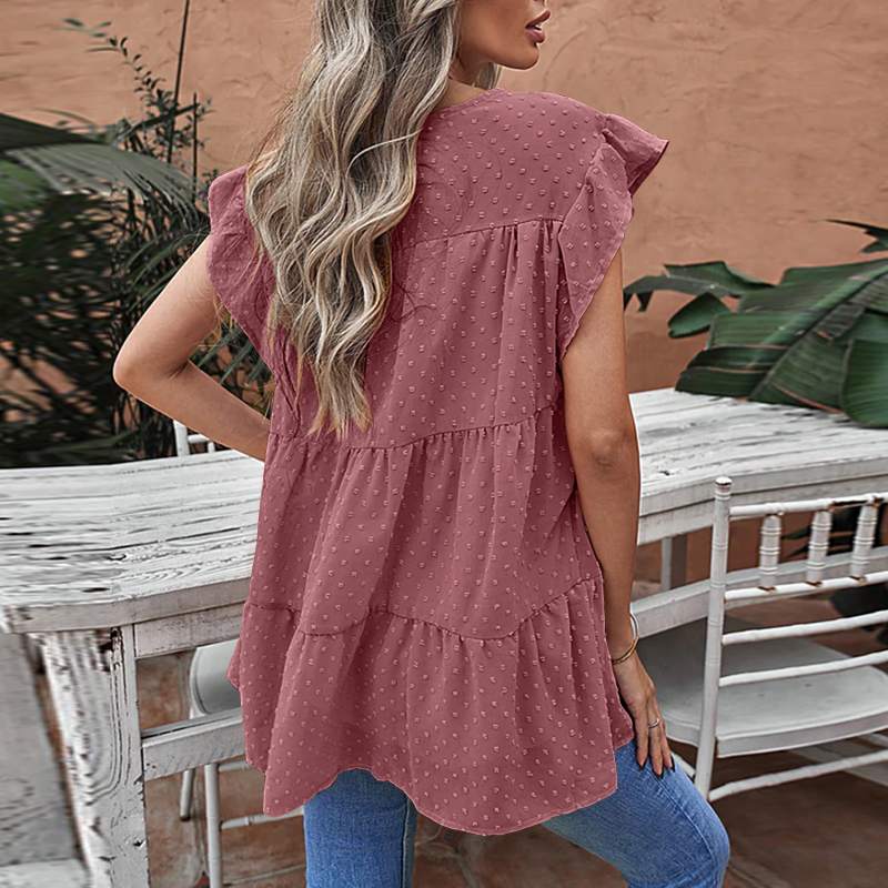 CHICDEAR Loose Flare Sleeve Tunics Casual Round Neck Women Fashion Tank Tops Mutilayer Stitching 2023 Summer Jacquard Blouses