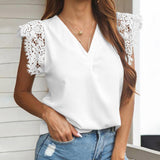 CHICDEAR Sleeveless V Neck Tank Tops Lace Stitching Elegant Fashion Women Blouse All-Match 2023 Summer Solid Color Shirts Blusas