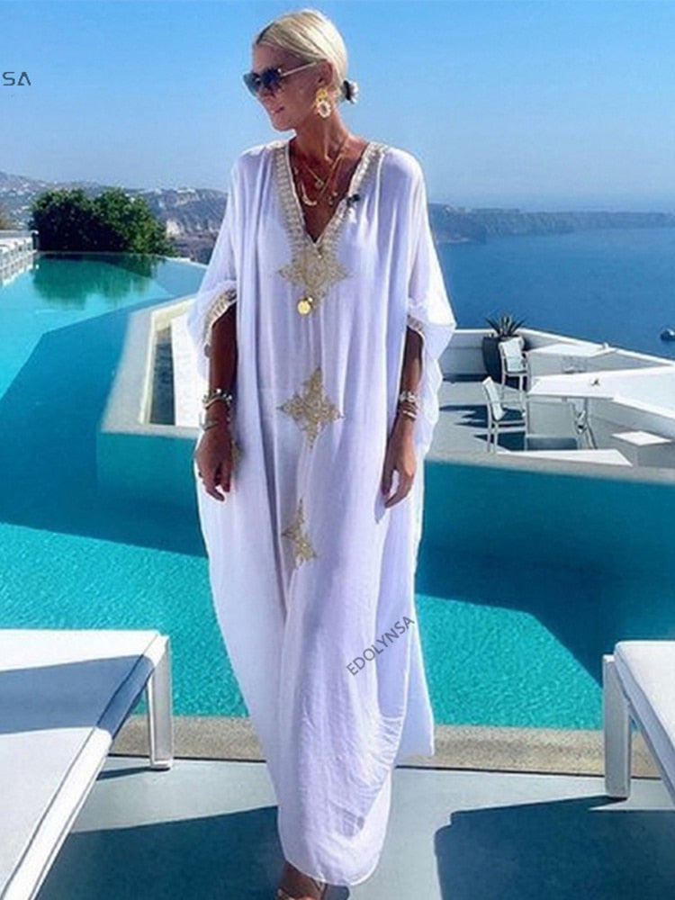 CHICDEAR 2023 Elegant Gold Embroidered Kaftan Retro V-Neck White Dress Plus Size Women Clothes Summer Beach Wear Swim Maxi Dresses Q1373