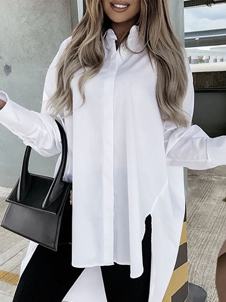 CHICDEAR Vintage Long Shirts Women 2023 Fashion Long Sleeve Blouses Casual Tunic Top Buttons Asymmetrical Solid Blusas Streetwear