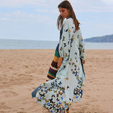 CHICDEAR 2023 Blue Retro Printed Long Sleeve Self Belted Plus Size Bohemian Kimono Tunic Women Tops And Blouses Shirts Q1228