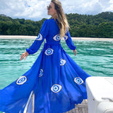 CHICDEAR Soft Fabric Wrinkle-Free Blue Eyes Chiffon Belted Summer Beach Dress Tunic Sexy Short Sleeve Women Beachwear Wrap Dresses D3