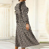 CHICDEAR Elegant Lady A-Line Long Vestidos Casual Leopard Printing Holiday Pleated Midi Dress Long Puff Sleeve Women Ruffles Robes