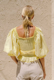 Chicdear Summer Women Blouse Yellow Half Sleeves Sashes Cotton Casual Square Collar Ruffles Cute Elastic Ladies Shirt