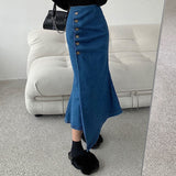 CHICDEAR Blue High Waist Mermaid Skirts For Women Korean Fashion Asymmetrical Denim Skirts Woman Folds Split Long Bodycon Skirt