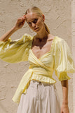 Chicdear Summer Women Blouse Yellow Half Sleeves Sashes Cotton Casual Square Collar Ruffles Cute Elastic Ladies Shirt
