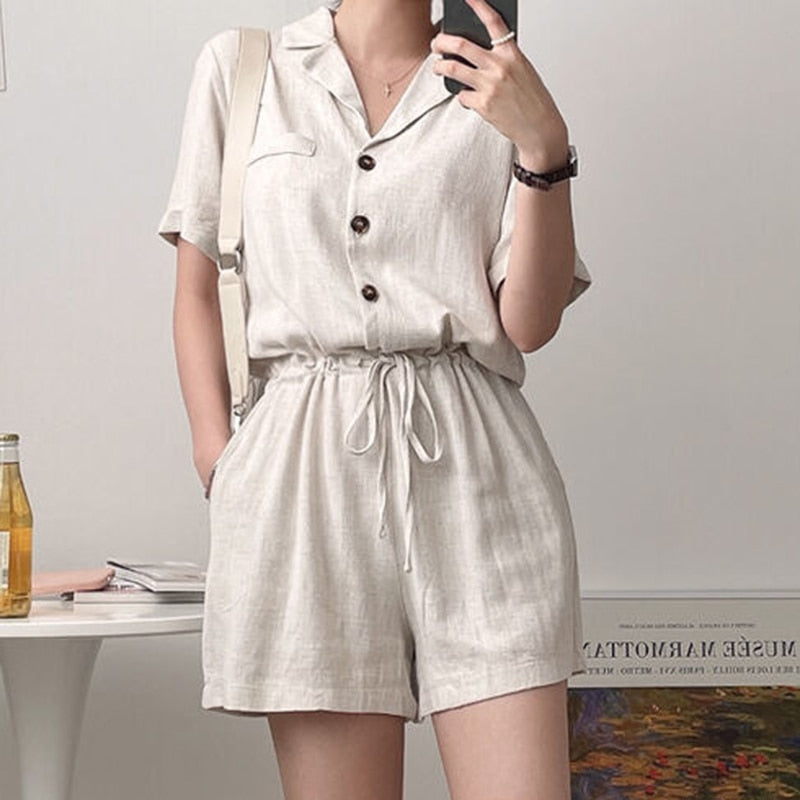 CHICDEAR Casual Loose Rompers Women 2023 Summer Short Sleeve Short Jumpsuit Lapel Button Up Playsuit Short Pant Overalls Pocket