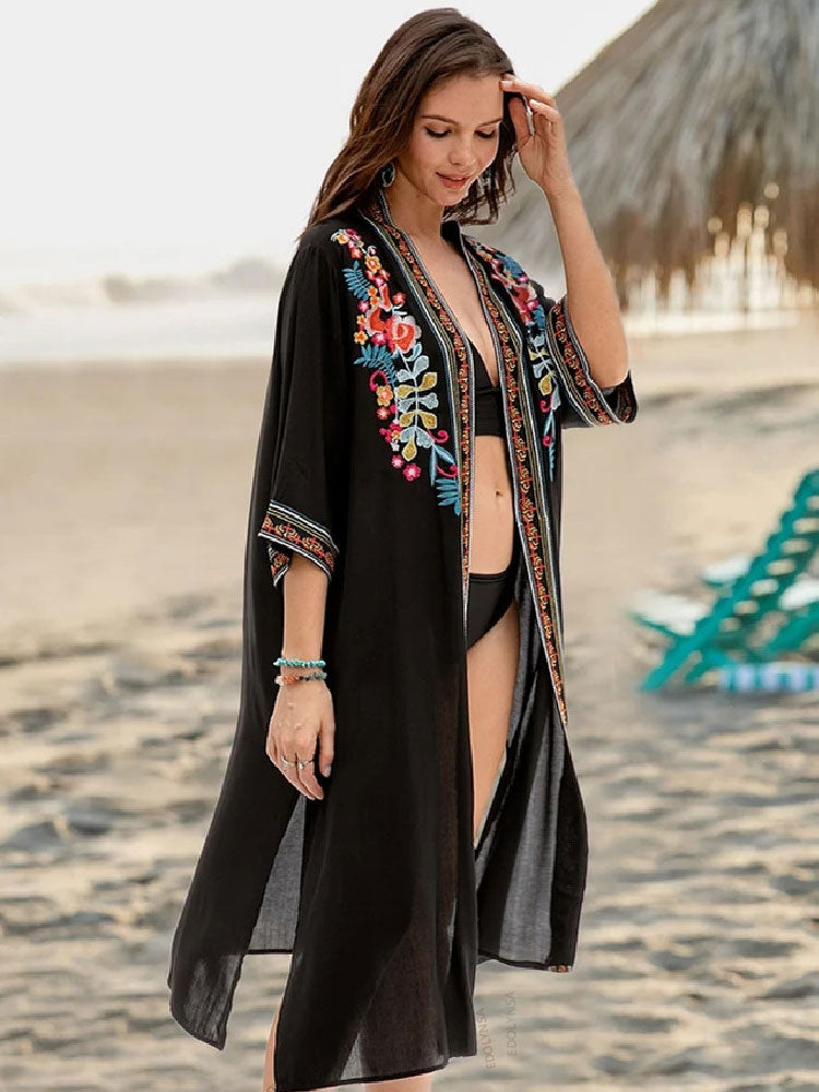 CHICDEAR 2023 Black Embroidered Mid-Calf Length Long Kimono Cardigan Plus Size Beachwear Sarongs Plage Women Tops Blouse Shirts Q940
