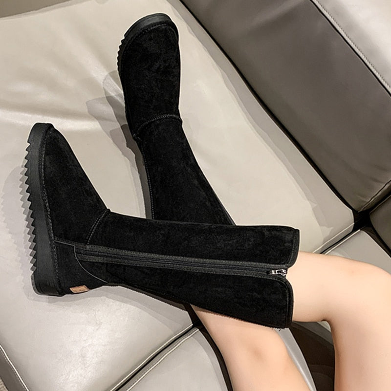 CHICDEAR Winter 2023 New Women Chelsea Snow Boots Casual Shoes Brand Fur Short Plush Warm Mid-Calf Boots Flats Femme Shoes Suede Botas