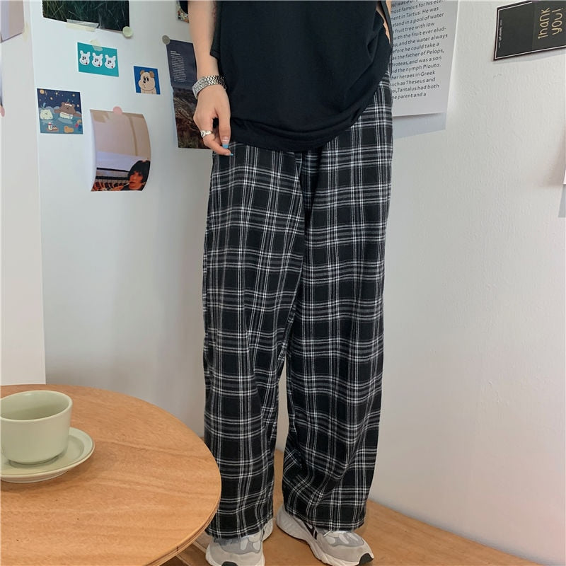 CHICDEAR 2023 New Summer Plaid Pants Women Casual Loose Wide Leg Trousers Female Harajuku Hip-Hop Unisex Streetwear Pants Woman