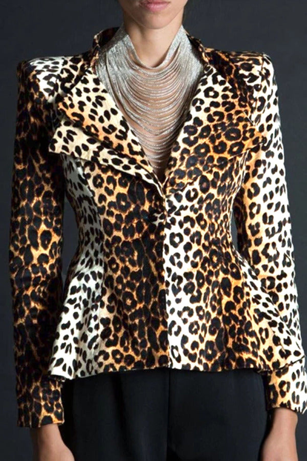 Chicdear Brown Notched Leopard Slim fit Print Print Long Sleeve Blazer & Suits &Jacket