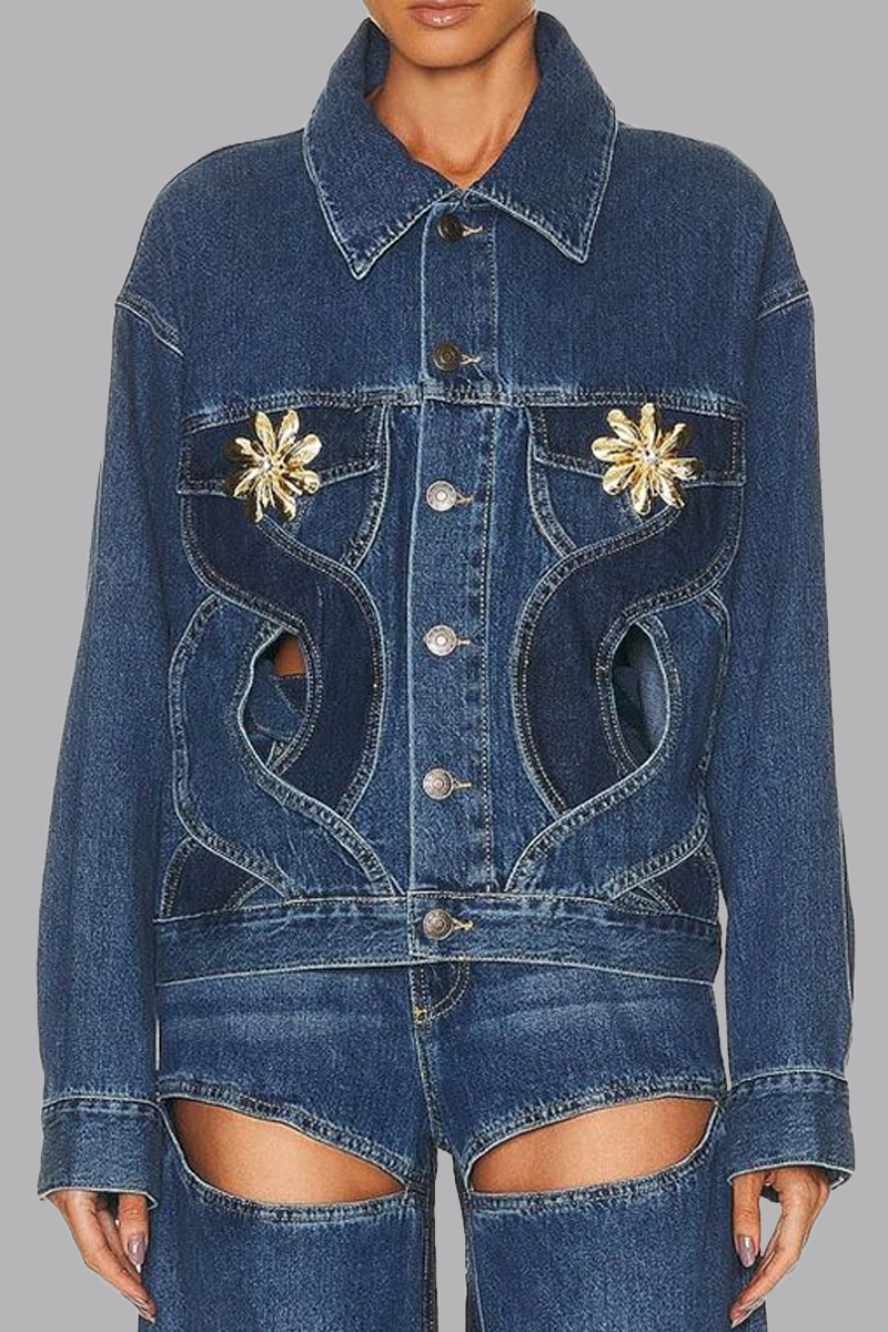 Chicdear Blue Casual Color Lump Solid Hollowed Out Buttons Metal Accessories Decoration Turndown Collar Long Sleeve Regular Denim Jacket