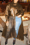 Chicdear Brown Fashion Solid Patchwork Buckle Mesh Turndown Collar Outerwear