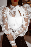 Chicdear White Elegant Solid Lace Embroidered With Bow Half A Turtleneck Tops