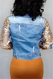 Chicdear Blue Turndown Collar Sequin Patchwork Hole Solid The cowboy Pure Long Sleeve