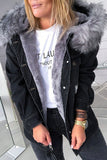 Chicdear Grey Street Ripped Make Old Patchwork Buckle Hooded Collar Long Sleeve Straight Denim Jacket