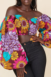 Chicdear Red Sweet Print Patchwork Zipper Off the Shoulder Tops