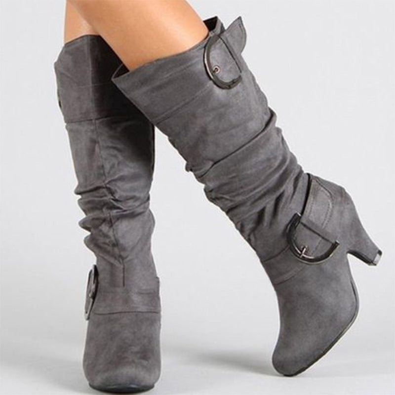Chicdear Grey Fashion Casual Solid Color Pointed Keep Warm High Boots