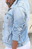 Chicdear Light Blue Street Solid Ripped Make Old Patchwork Buckle Turndown Collar Long Sleeve Denim Jacket