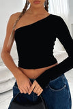 Chicdear Black Casual Solid Backless Asymmetrical Oblique Collar Tops