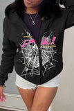 Chicdear Black Street Print Letter Hooded Collar Tops