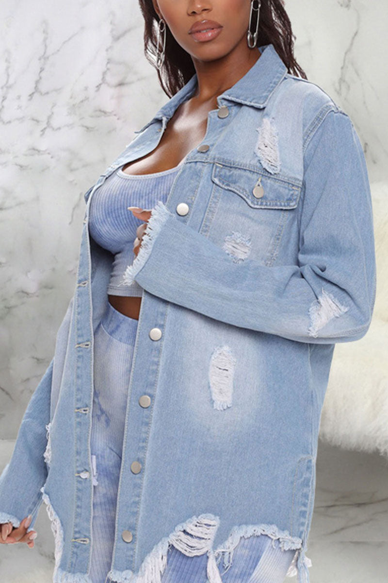 Chicdear Light Blue Sexy Solid Ripped Make Old Turndown Collar Outerwear