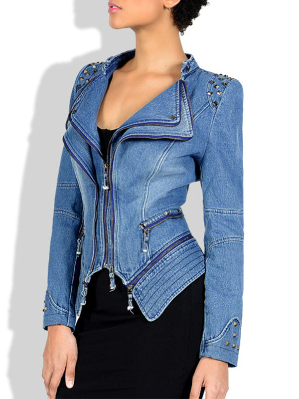 Chicdear Blue Casual Solid Zipper Turndown Collar Long Sleeve Regular Denim Jacket