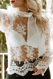 Chicdear White Elegant Solid Lace Embroidered With Bow Half A Turtleneck Tops