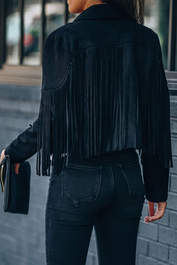 Chicdear Black Casual Solid Tassel Turndown Collar Outerwear