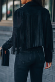 Chicdear Black Casual Solid Tassel Turndown Collar Outerwear
