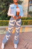Chicdear Baby Blue Fashion Casual Patchwork Leopard Cardigan O Neck Sleeveless Regular Denim Jacket