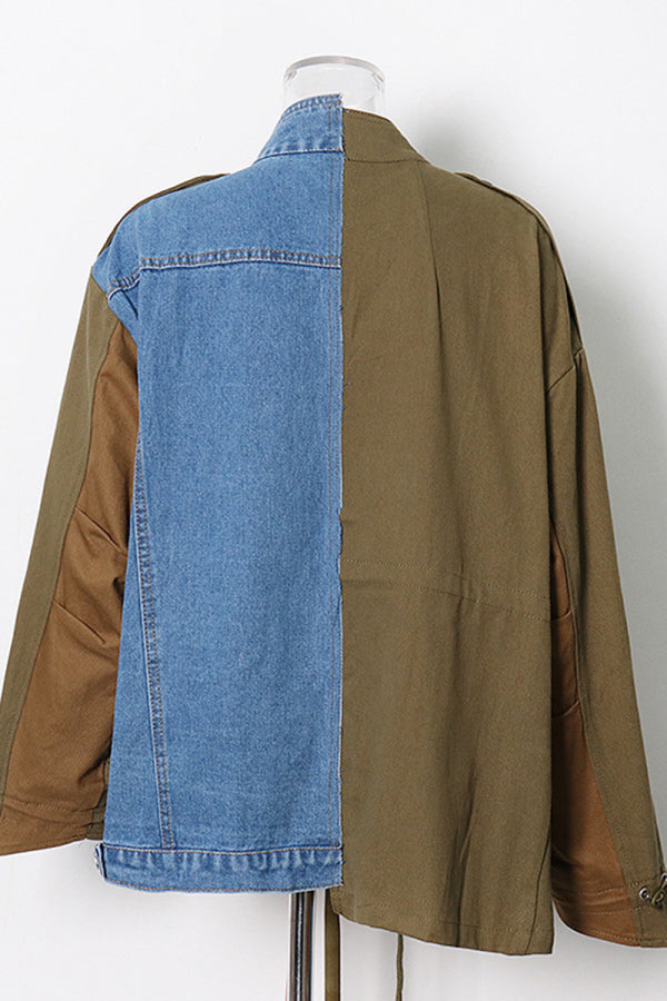 Chicdear Army Green Casual Print Patchwork Turndown Collar Long Sleeve Regular Denim Jacket