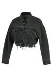 Chicdear Black White Street Print Make Old Patchwork Buckle Turndown Collar Long Sleeve Straight Denim Jacket